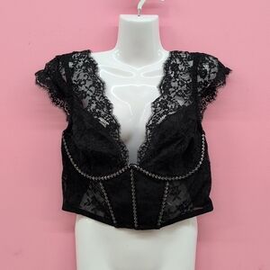 Victoria Secret Dream Angels Twinkle Lace Cap-Sleeve Corset Top XXL Black